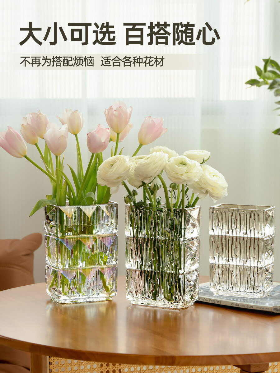 玻璃花瓶擺件客廳插花精緻高階玫瑰鮮花透明水晶高階感方形小/瓶子/花瓶/水瓶/養花瓶/綠植瓶