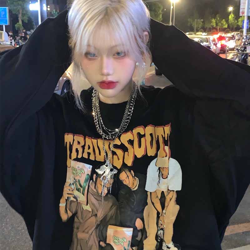 美式復古hiphop衛衣女春秋薄款寬松ins潮牌oversize圓領長袖上衣