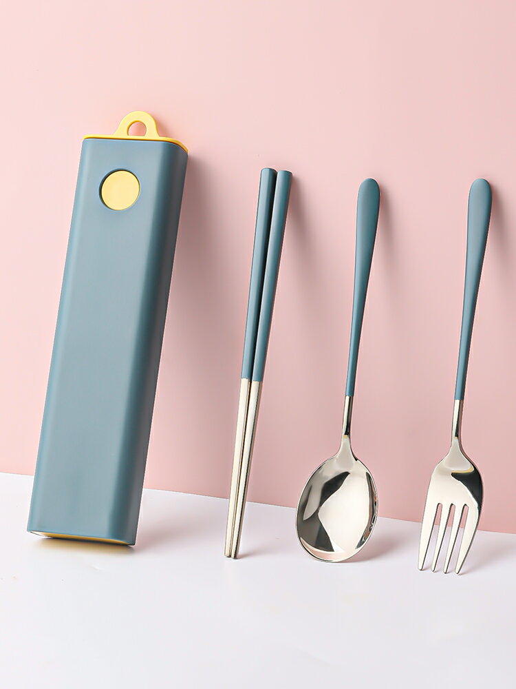墨色不銹鋼筷子勺子套裝便攜餐具學生三件套筷子盒可愛叉子收納盒