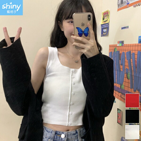甜漾春天．方領排釦短版無袖針織背心- shiny藍格子【V3327】