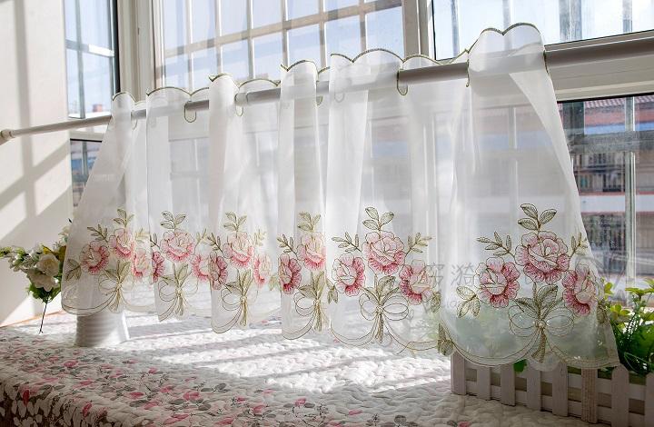 嫣然刺繡半簾咖啡簾 唯美成品小短簾隔斷簾 廚房窗簾紗門簾櫥柜簾 4