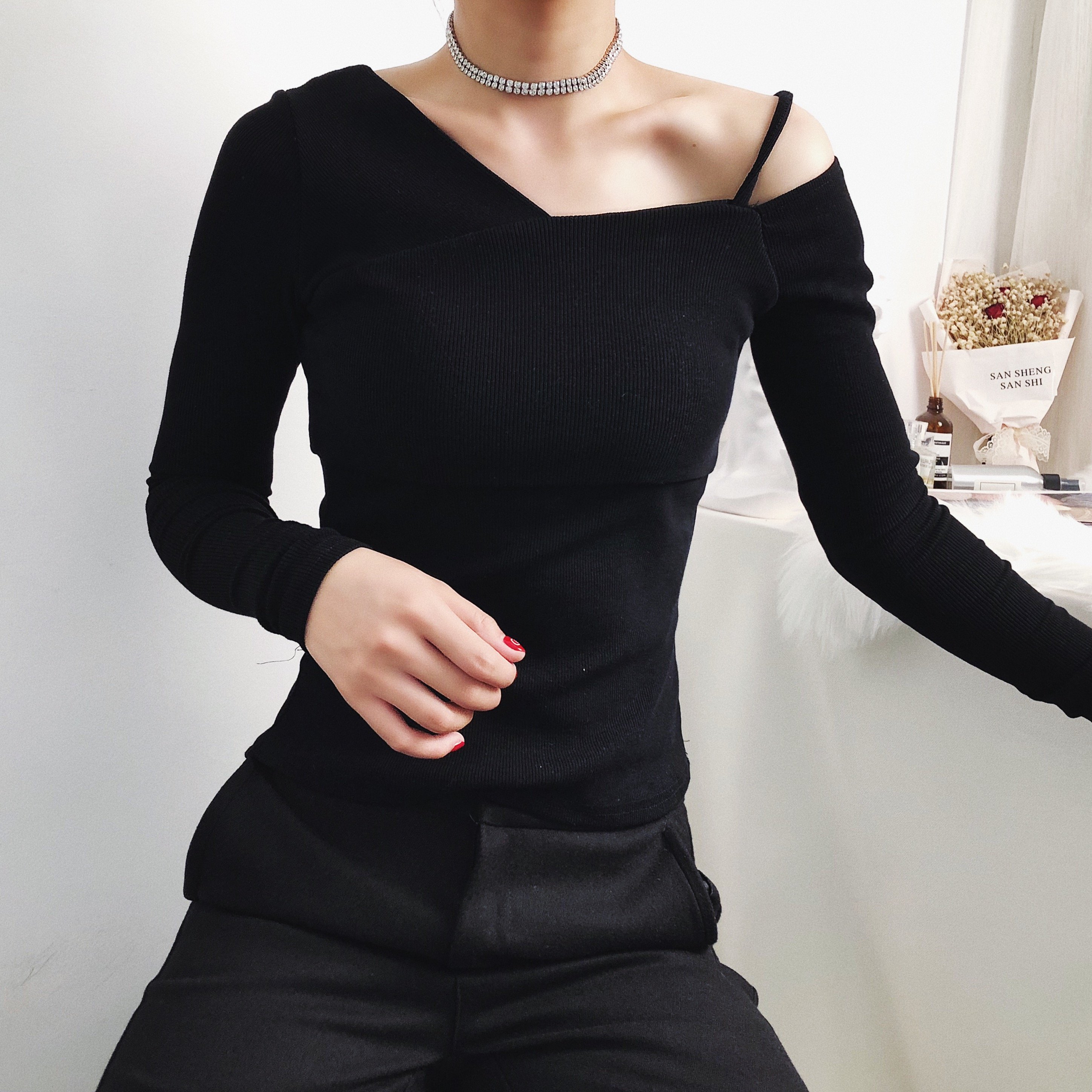 FINDSENSE品牌 秋季 新款 韓國原裝 女 性感 顯瘦 露肩 吊帶 針織 長袖 上衣 潮流上衣