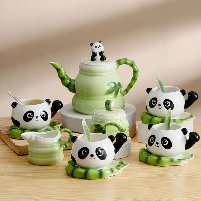 水具套裝 中國風可愛熊貓高顏值手繪琺瑯彩陶瓷咖啡茶具杯具套裝小茶壺超萌