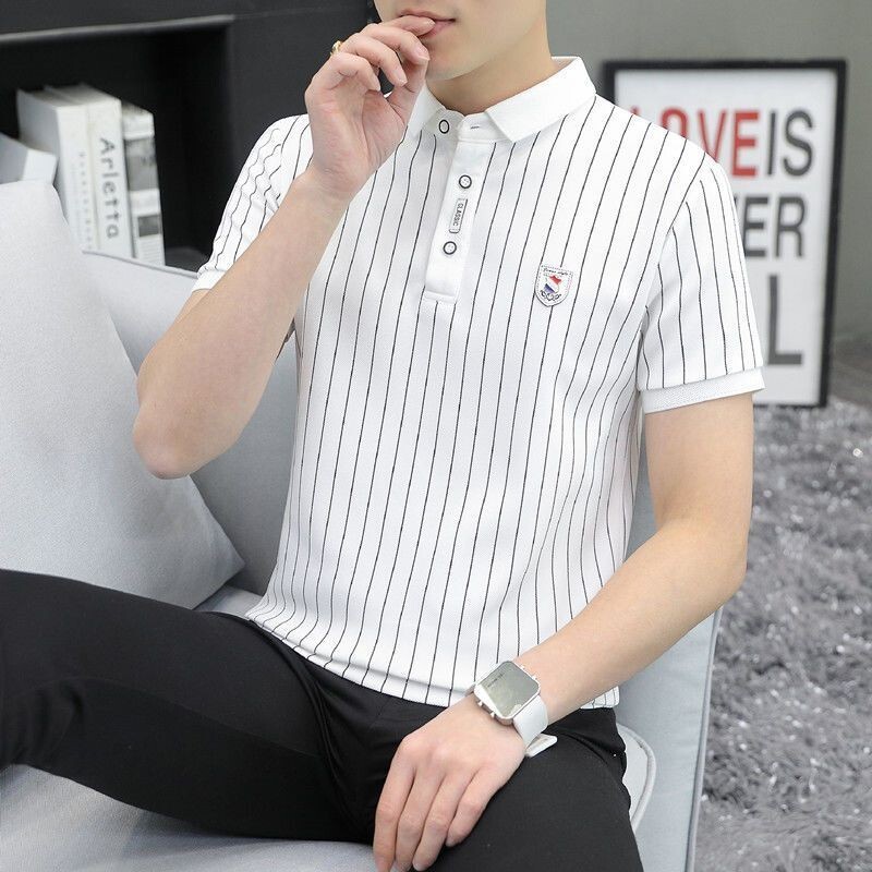 翻領條紋POLO衫男|大碼87.5公斤男裝上衣|夏季新款打底衫|修身短袖POLO衫|男青年條紋上衣|簡約韓版POLO衫
