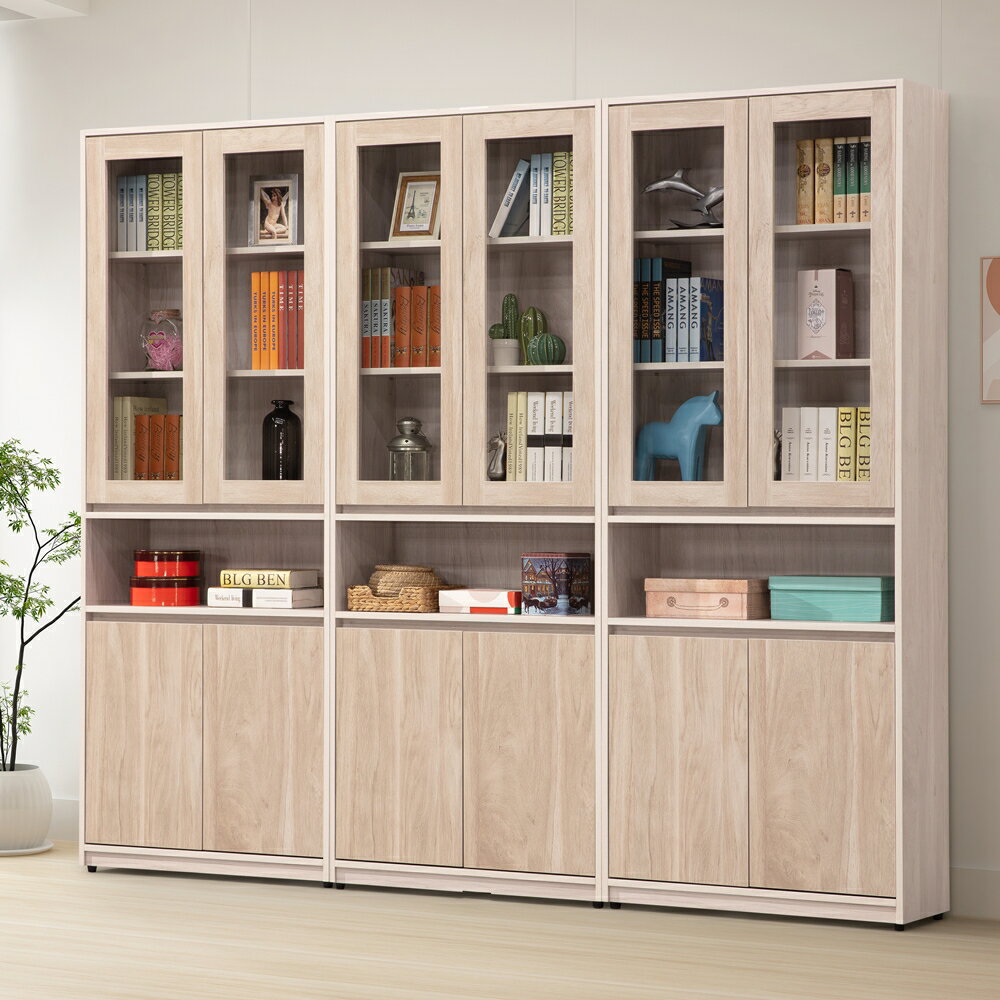 【直人木業】卓越當代日系風240公分中空玻璃書櫃｜APP結帳再賺4%點數 1