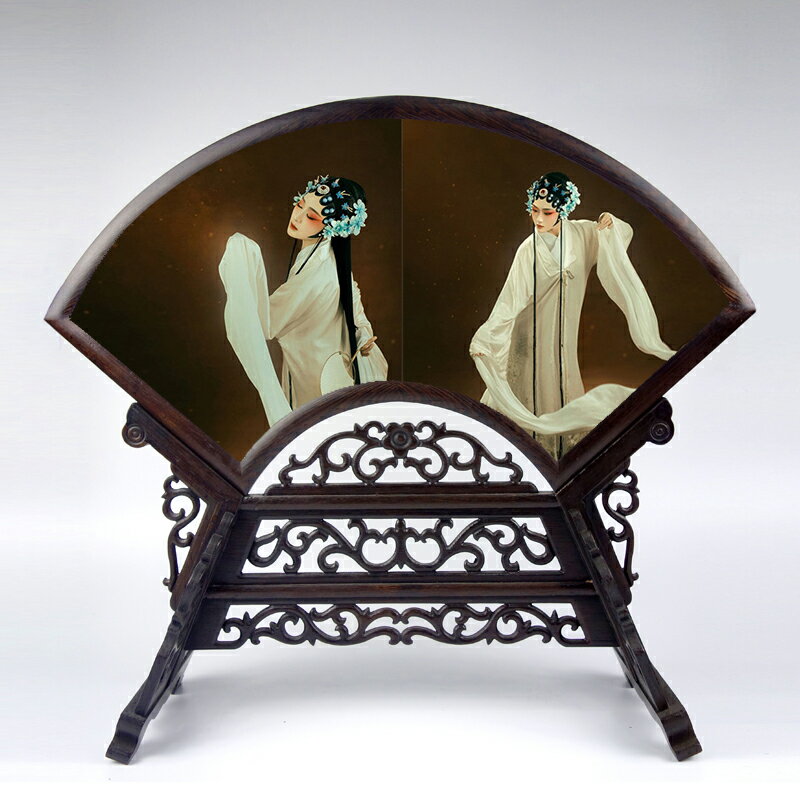 扇形照片實木雙面繡臺屏擺件 雞翅木古典中式擺件相框擺臺畫框 4