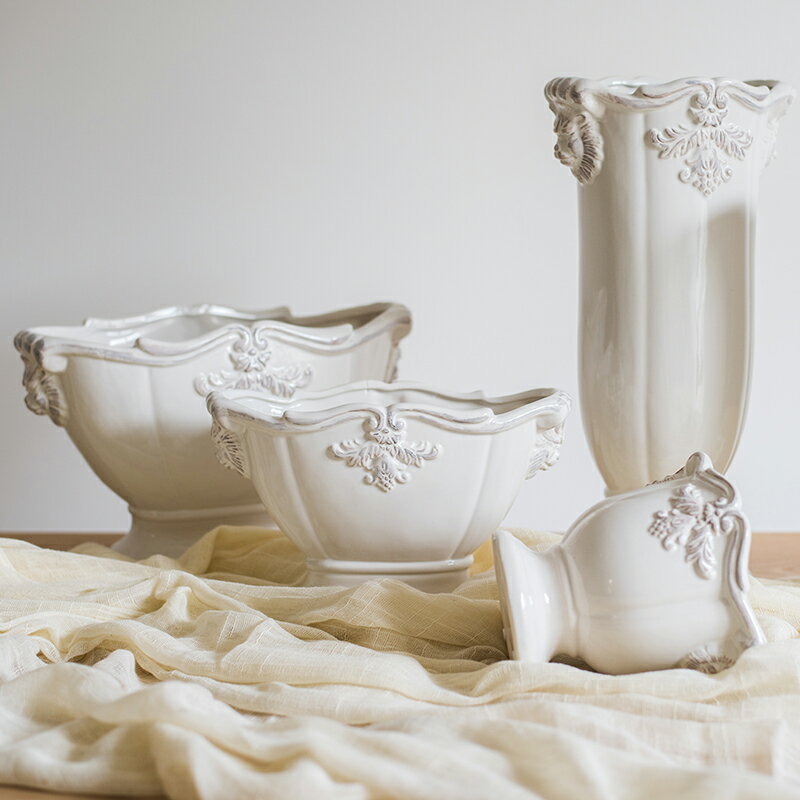 掬涵 法式經典柱盆花器花瓶花盆陶瓷釉下彩裝飾擺件復古白瓷