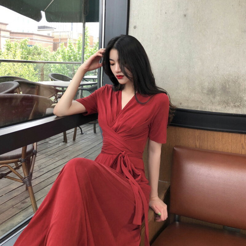 法式復古修身顯瘦V領連衣裙宮廷氣質高腰長款過膝女2022年新款夏