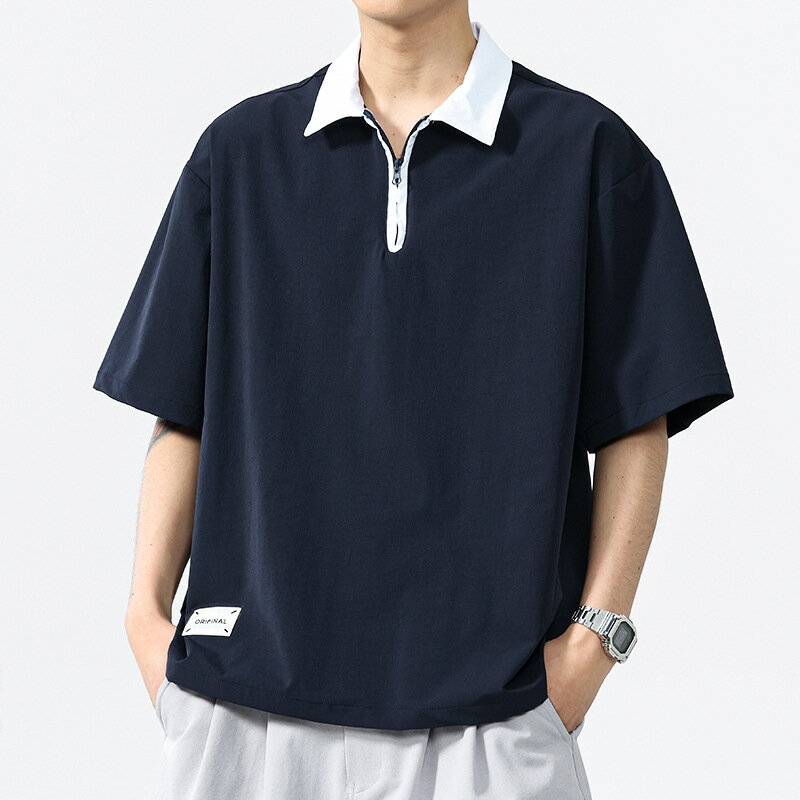 【巴黎精品】現貨+預購 男POLO衫短袖上衣寬鬆襯衫高爾夫球衫休閒男裝-夏日拉鍊領簡約拼色男上衣2色a1kq87