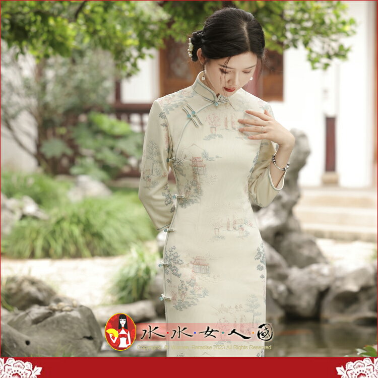 秋冬新款雪尼爾繡花側八扣長款旗袍立領民國復古風九分袖女漢服連身裙洋裝-寫意秋色(杏色)-水水女人國