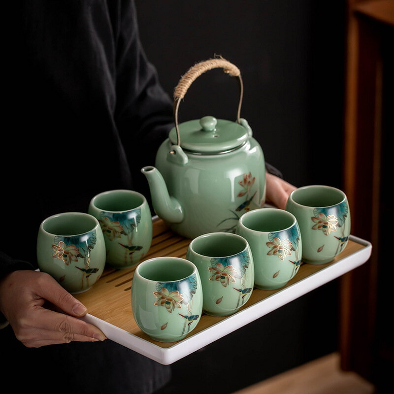 免運 茶具系列 青瓷大容量提梁壺茶具套裝家用冷水茶壺防燙中式功夫茶具一壺六杯
