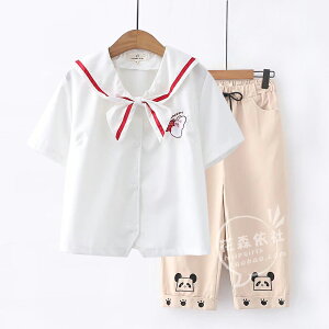 夏季兩件套少女學生甜美刺繡寬松海軍領短袖白襯衫休閑七分褲套裝