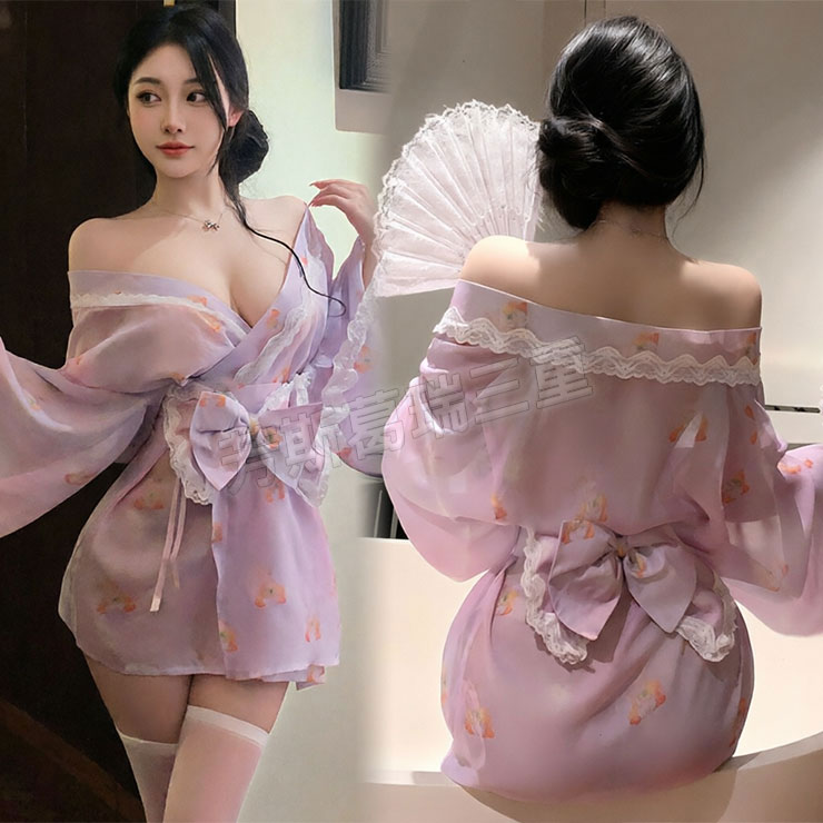 櫻落晨曦 蕾絲花邊開襟和服 性感 情趣 內衣 睡衣 角色扮演