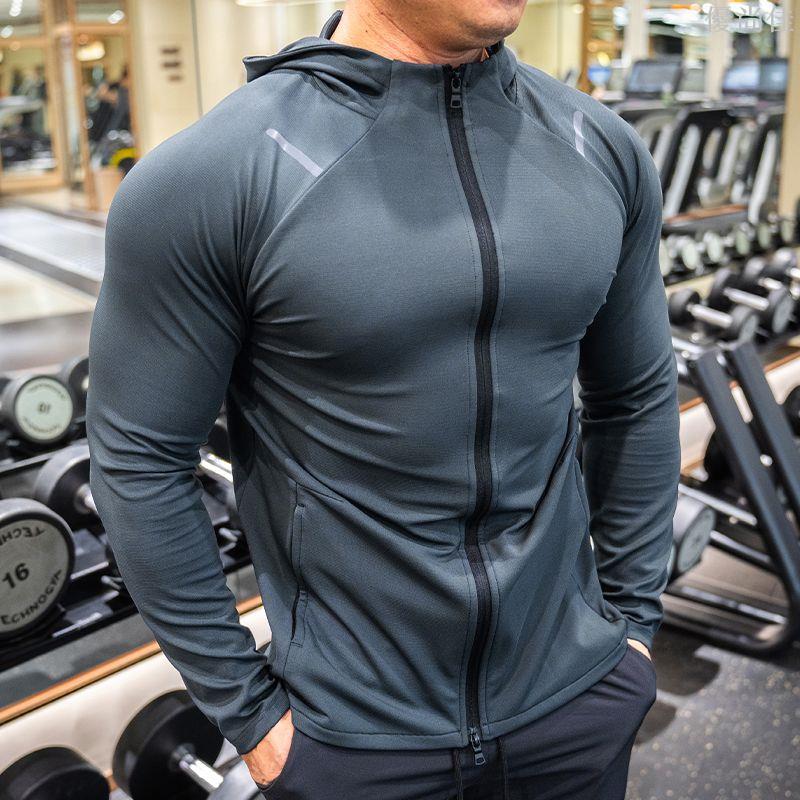 男士秋冬運動休閒健身衣服拉鏈連帽外套彈力高彈緊身修身透氣長袖