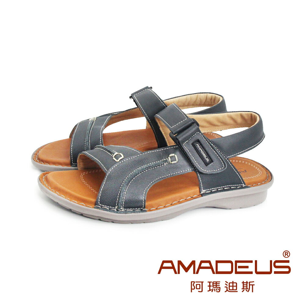 AMADEUS(男)真皮減震舒適涼鞋 男鞋-黑藍色
