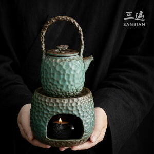 日式窯變綠釉粗陶提梁壺溫茶茶具保溫底座陶瓷茶壺家用功夫茶具