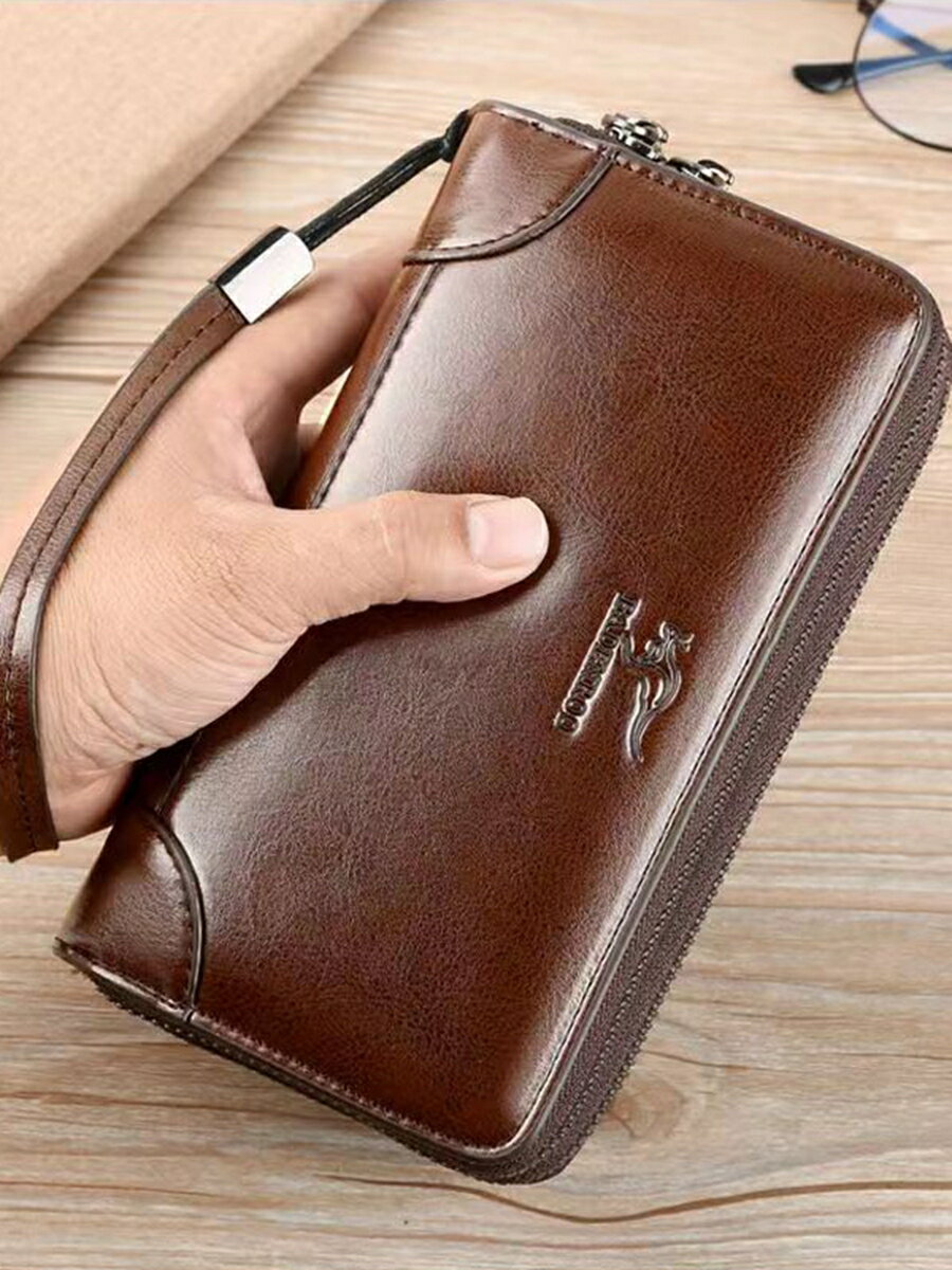 拜登袋鼠男士手包多卡位皮夾大容量雙拉錢包長款商務手拿包手機包