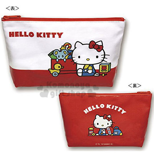 <br/><br/>  〔小禮堂〕Hello Kitty 日製化妝包《紅白.側坐.玩具箱》防水材質<br/><br/>