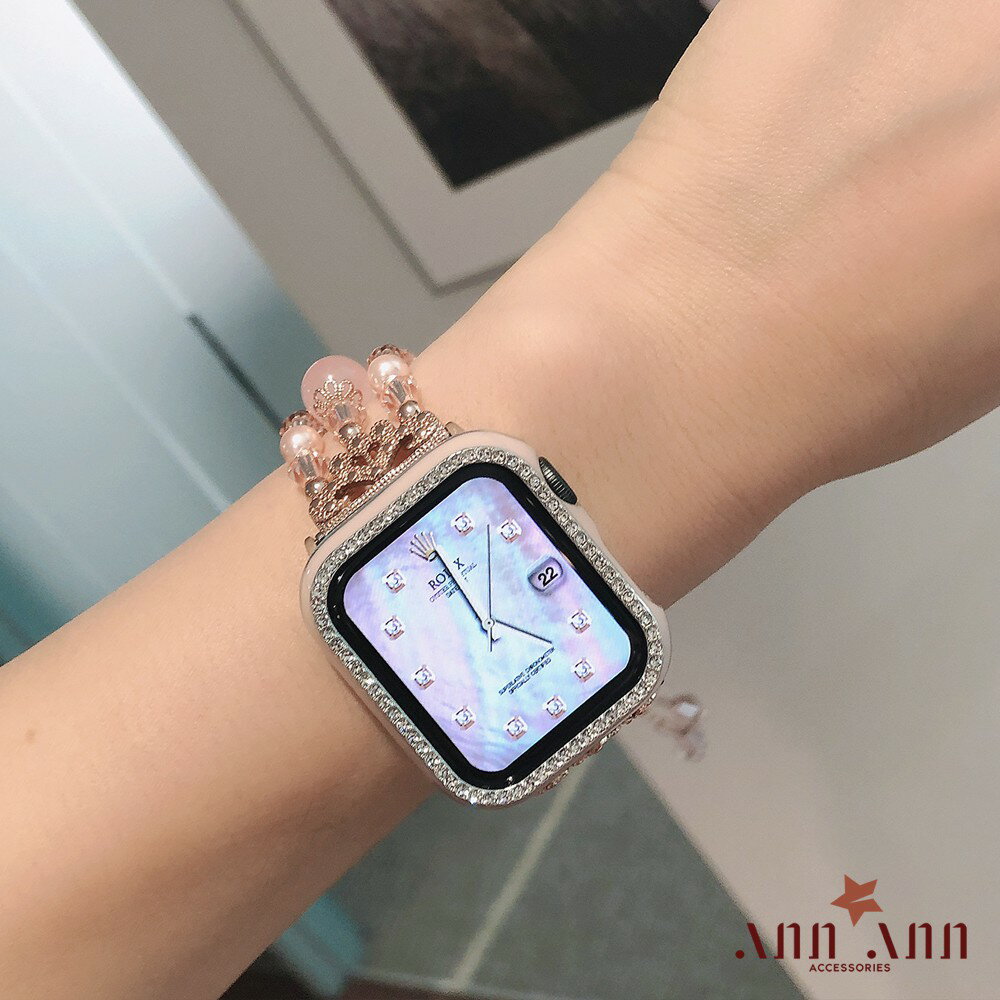 促銷蘋果錶帶活動 Apple錶帶 (粉色) 超亮鑲鑽保護殼+串珠造型 蘋果錶帶