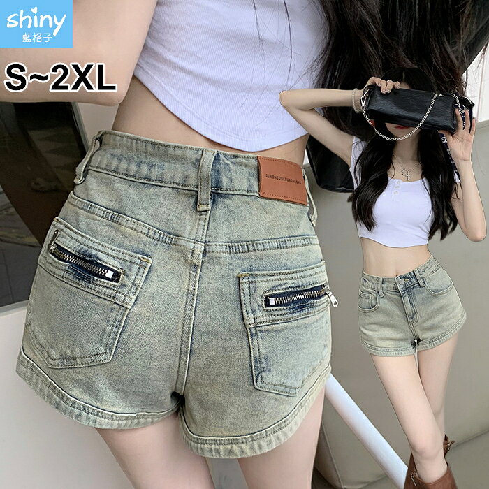 辣妹本色．拉鍊造型彈力牛仔熱褲－shiny藍格子【V5255】