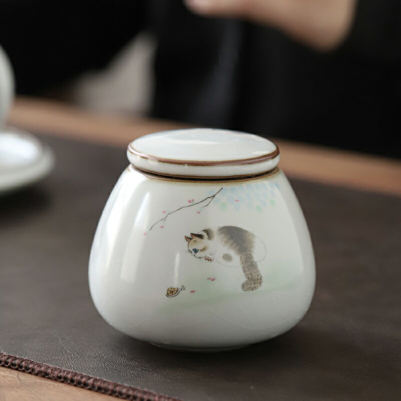 汝窯貓咪小茶葉罐小號隨身便攜密封家用迷你旅行日式創意陶瓷茶罐