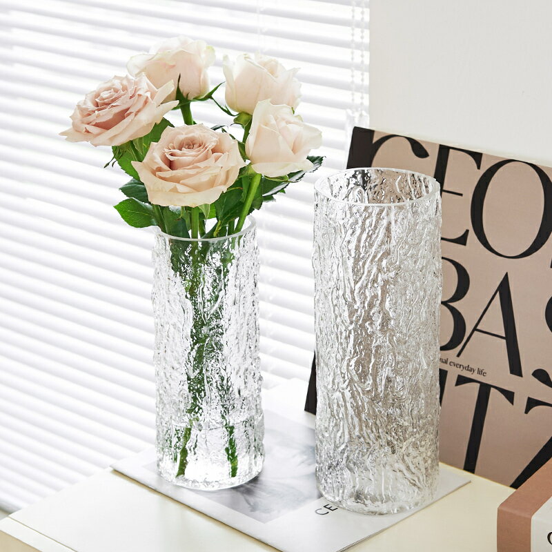 【滿299出貨】新款ins風直筒冰川花瓶玻璃透明插花玫瑰百合鮮花客廳餐桌擺件