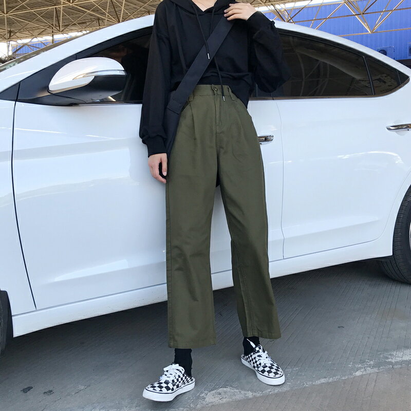 褲子女春季新款韓版簡約純色工裝褲高腰闊腿百搭休閑褲長褲1入