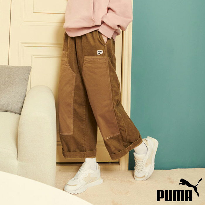 【滿千折百】PUMA 長褲 流行系列 DOWNTOWN 深卡其 拼接 燈心絨 寬褲 女 62145793