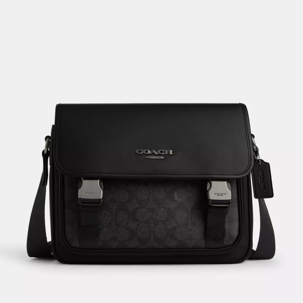 COACH 郵差包 翻蓋斜背包 防刮老花PVC塗層帆布/平滑小牛皮 單肩包 側背包 書包 CT716 黑色(現貨)▶指定Outlet商品5折起☆現貨【送禮首選★APP下單點數4倍送】