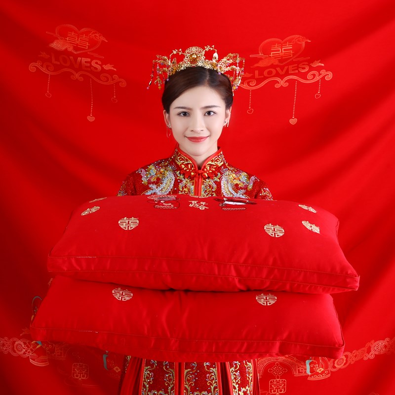 枕芯一對結婚婚慶全棉貢緞刺繡羽絲絨裝大紅婚嫁絎繡喜慶枕頭新