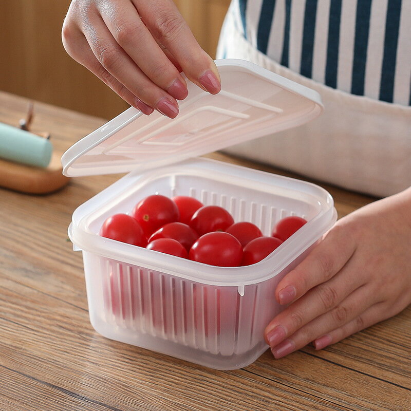 廚房洗疏果食物收納盒 冰箱塑料密封儲物盒保鮮盒 帶蓋雙層瀝水