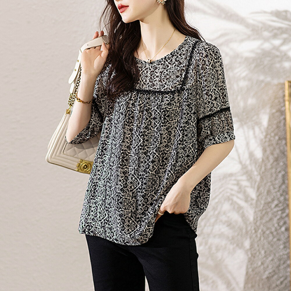 ＊ORead＊圓領蕾絲拼接夏五分袖碎花小衫上衣(黑色S~4XL)