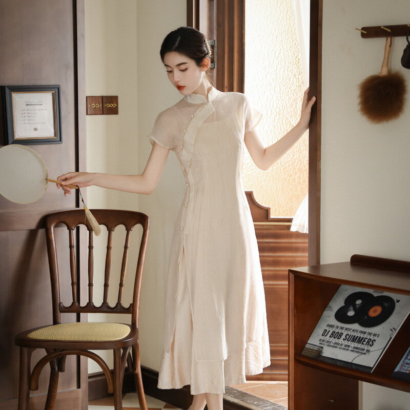 洋裝連身長裙-米色中式復古兩件套旗袍連衣女裙子74ef8【獨家進口】【米蘭精品】