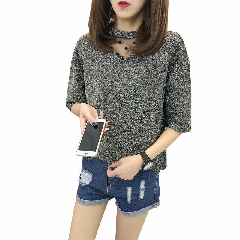 FINDSENSE G5 韓國時尚 夏季 網紗 拼接 短袖 T恤 性感 亮絲 打底衫