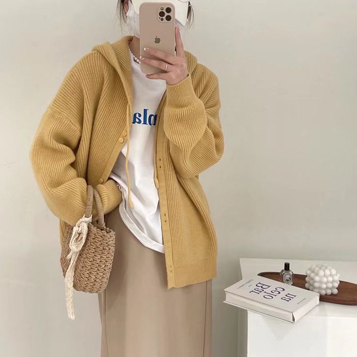 針織開衫長袖慵懶風連帽短款毛衣外套早秋上衣女秋季軟糯質感【聚寶屋】【淘夢屋】
