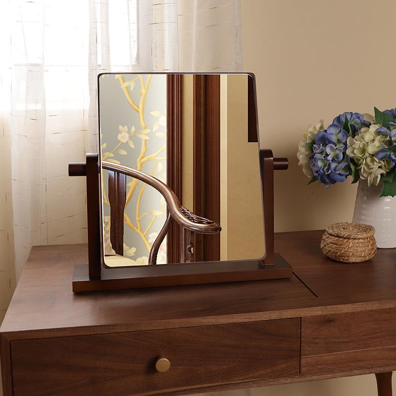 臺式化妝鏡可翻轉桌面梳妝鏡簡約家用木質鏡中式復古風鏡子