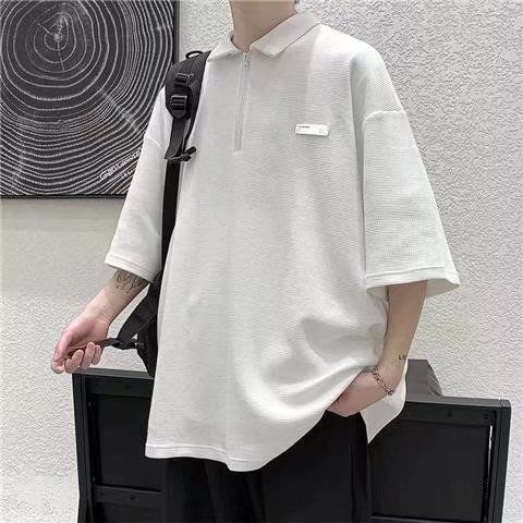 夏季日系華夫格polo衫男短袖oversize原宿寬鬆百搭五分袖半袖上衣【雲木雜貨】
