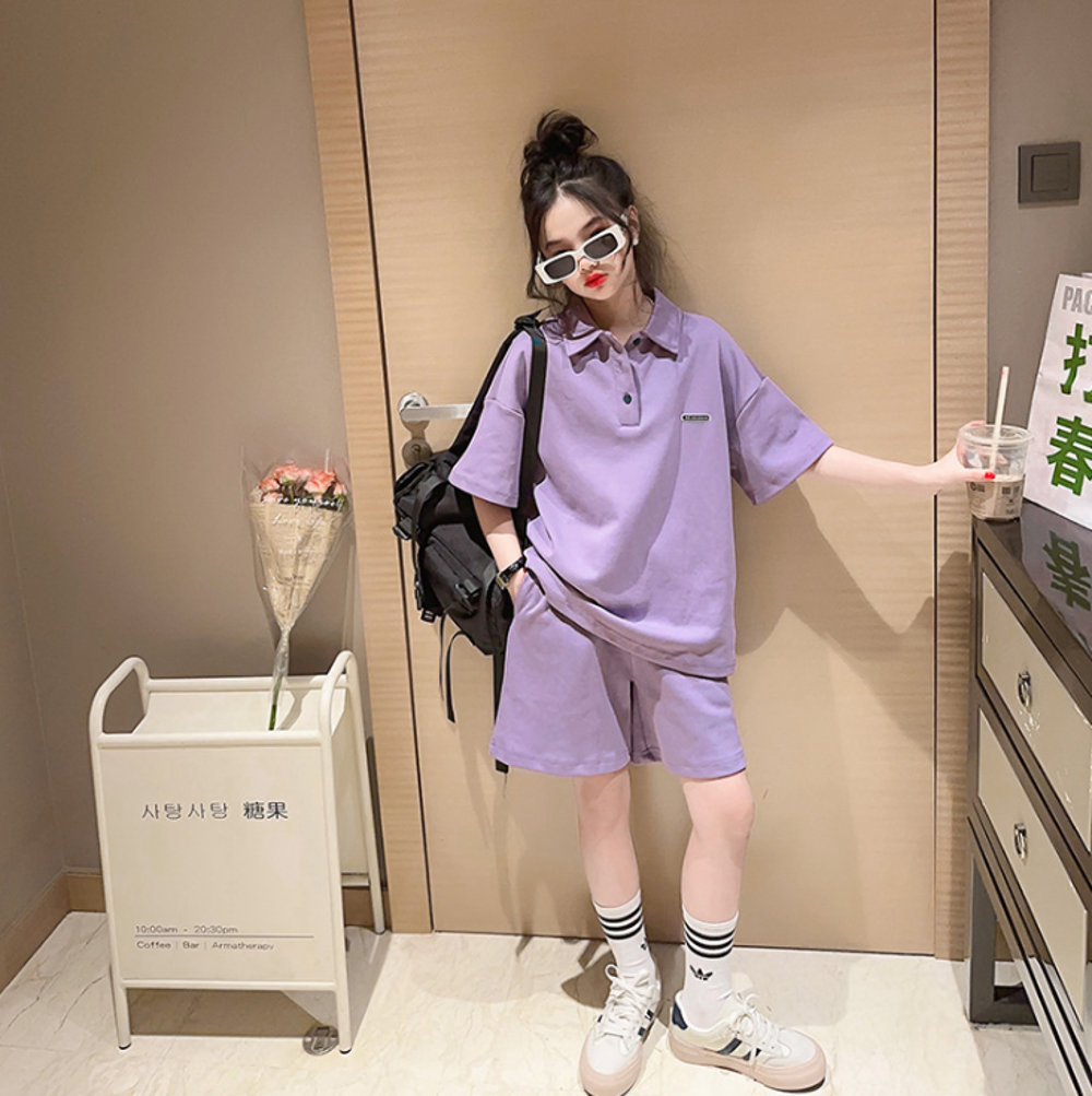 女童夏季套裝2024新款韓版時尚休閒女大童短袖短褲套裝HD034