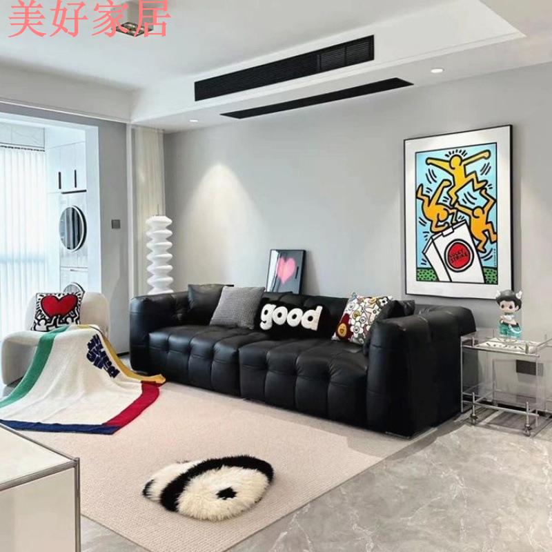快速出貨/全館免運 意式侘寂風現代簡約客廳小戶型復古直排黑色模組皮藝棉花糖沙發