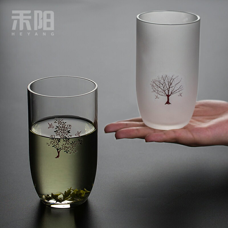 禾陽 耐熱玻璃水杯家用個人透明茶杯簡約創意變色櫻花單杯綠茶杯