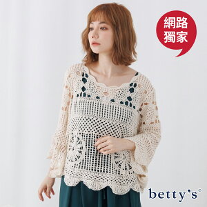 betty’s網路款 鏤空花花雲朵邊小水袖短版針織罩衫(米白)