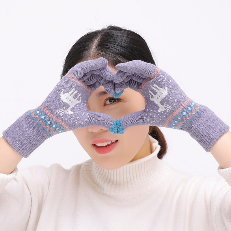 提花毛線手套女冬天韓版潮學生秋冬加厚保暖可愛針織五指觸屏手套