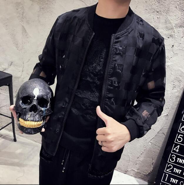 FINDSENSE Z1 日系 流行 時尚 男 薄款 黑色 透視 格子 風衣外套 防曬外套