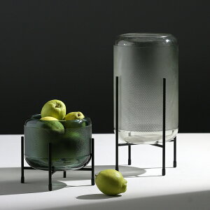 BEST WEST創意果盤玻璃擺件北歐鐵藝支架綠色直筒水培玻璃花瓶