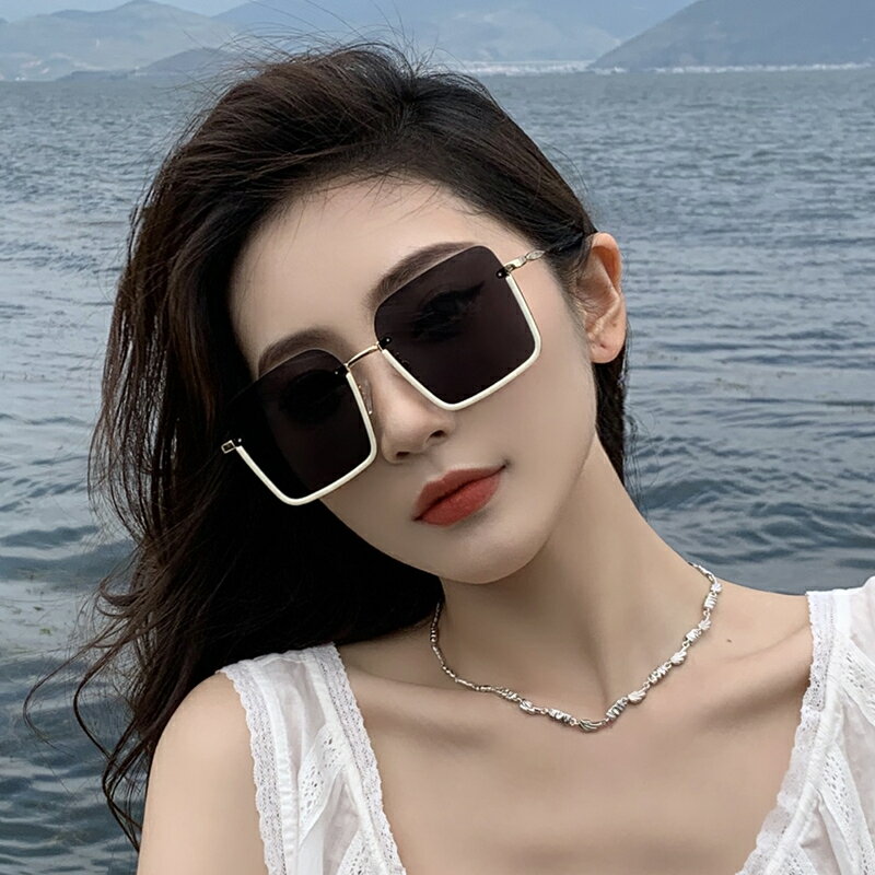 墨鏡 墨鏡女款百搭高級感白色半框防曬方形圓臉顯瘦防紫外線個性太陽鏡