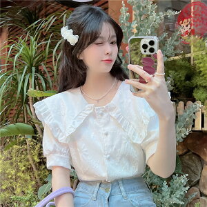 韓系洋氣減齡上衣女夏季漂亮別致襯衣時尚白色娃娃領襯衫