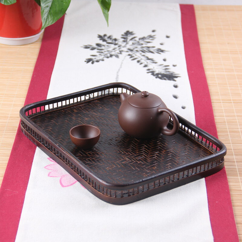 日式竹編 大漆茶盤 長方形單層干泡托盤 茶道具收納盤點心盤 零配