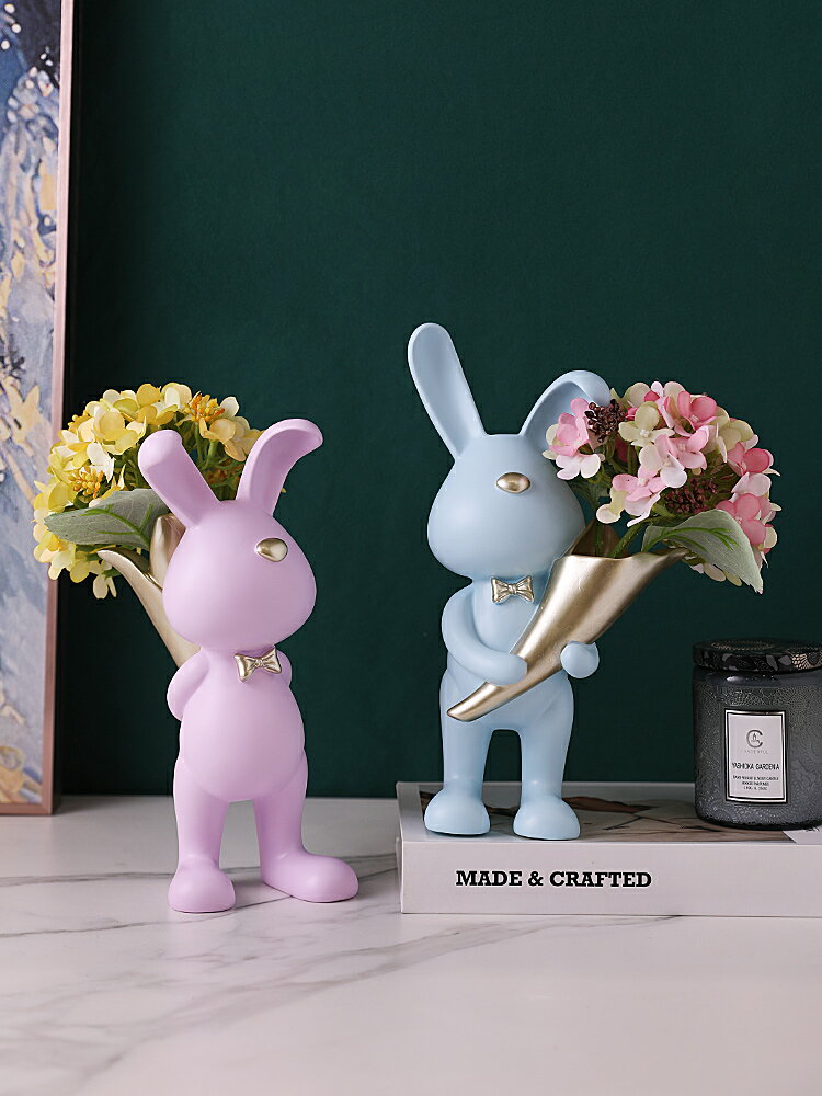 兔子插花套裝簡約現代家居女生房間可愛裝飾品結婚禮物客廳柜擺件