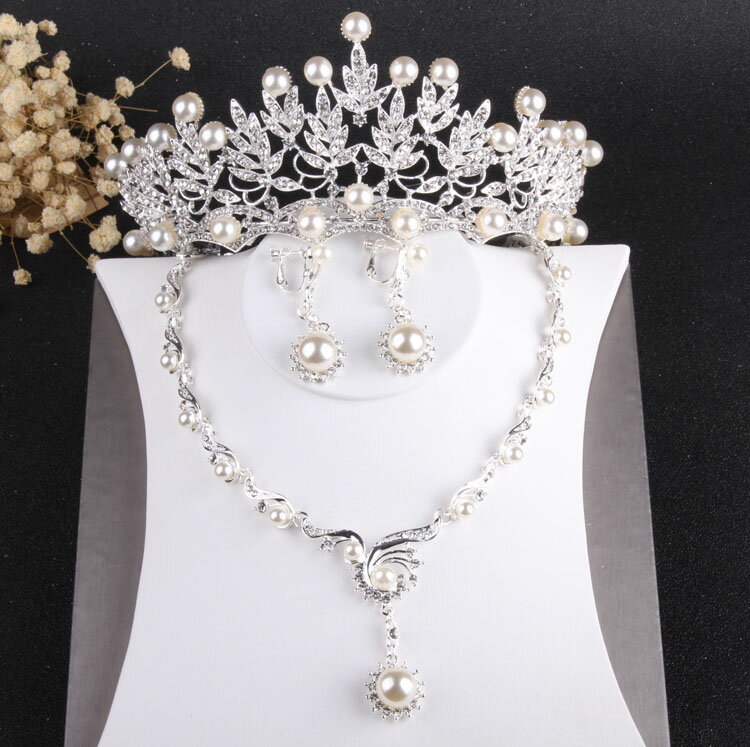 韓式新娘高端珍珠皇冠水晶三件套新娘結婚飾品婚紗配項鏈耳環套裝
