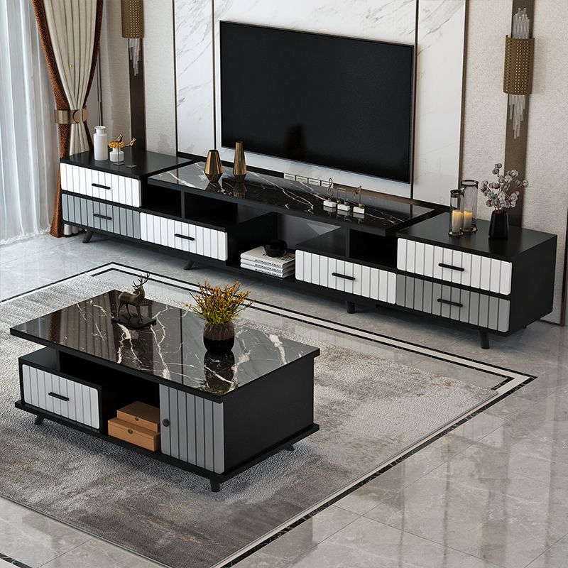 客廳電視柜茶幾組合簡約現代鋼化玻璃電視機柜伸縮多功能地柜家具